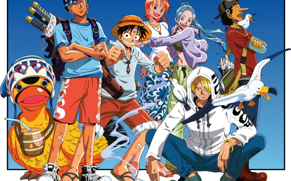 4K Ultra HD One Piece anime wallpaper featuring Sanji, Usopp, Monkey D. Luffy, Nami, Tony Tony Chopper, Nefertari Vivi, and Roronoa Zoro in dynamic poses.