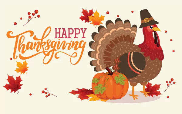 HD Thanksgiving holiday desktop wallpaper featuring a cheerful turkey, pumpkins, and colorful autumn leaves with Happy Thanksgiving text.