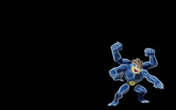 HD PC desktop wallpaper featuring Machamp, the four-armed Pokémon, depicted in vibrant anime-style artwork against a dark background.