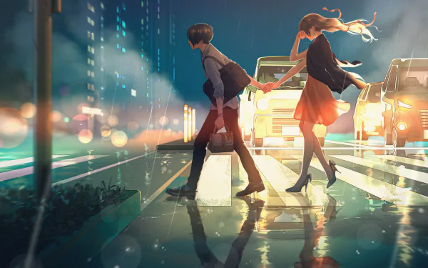 Anime couple crossing a city street at night with vibrant lights and reflections, rendered in stunning 4K Ultra HD for PC desktop wallpaper and background.