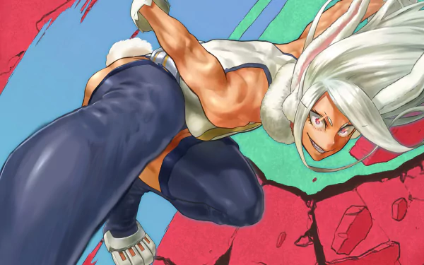 Dynamic 4K Ultra HD anime wallpaper featuring Mirko from My Hero Academia in an action pose against a vibrant, colorful background.