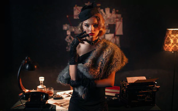 Vintage-style HD desktop wallpaper featuring Anastasia Sultanov as a model, posing elegantly in dark, classic attire with a fur stole and retro accessories.