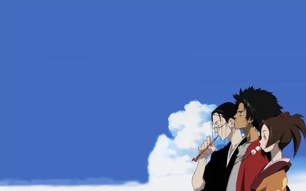 Three characters from Samurai Champloo stand against a vibrant blue sky, exuding a sense of adventure and camaraderie in this HD anime desktop wallpaper.