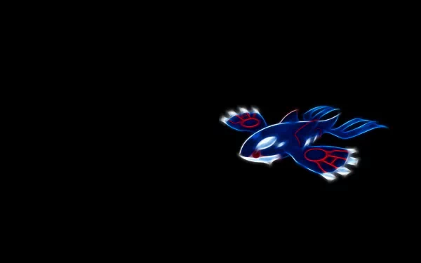 HD anime-style PC desktop wallpaper of Kyogre, the legendary Water-type Pokémon, shown glowing and swimming against a black background.