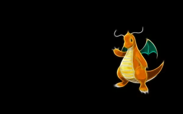 A vibrant HD wallpaper featuring Dragonite from Pokémon, illustrated in anime style against a black background, showcasing its iconic orange body and green wings.