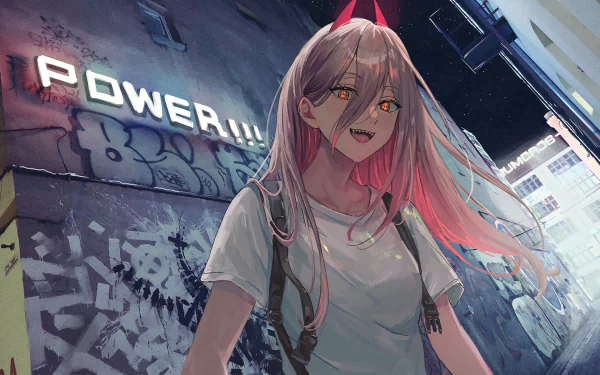 HD desktop wallpaper featuring Power from the anime Chainsaw Man, standing confidently in a graffiti-filled alley with the word POWER lit up in the background.