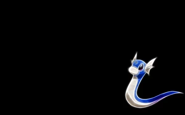 HD PC desktop wallpaper: anime-style Dratini (Pokémon), glowing blue-white serpentine figure set against a stark black background.