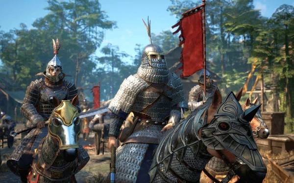 HD wallpaper from Myth of Empires featuring armored knights on horseback with a red banner in the background.