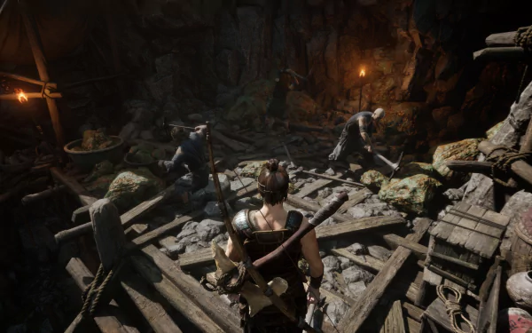 HD wallpaper of a scene from Myth of Empires game showcasing a character inside a dimly lit mining cave with figures working in the background.