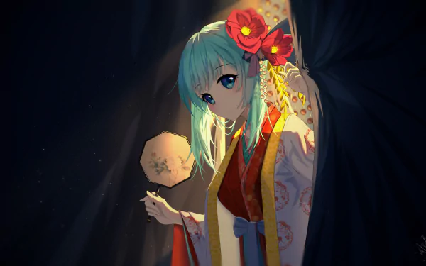 flower blue eyes blue hair Hatsune Miku Anime Vocaloid HD Desktop Wallpaper | Background Image