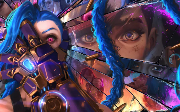 HD desktop wallpaper of Jinx from League of Legends and Arcane, featuring a vibrant, fragmented design with close-up details of Jinx's iconic blue hair, mechanical arm, and intense eyes.