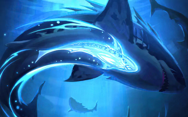 A glowing fantasy sea monster shark swimming in deep blue waters, rendered in stunning 4K Ultra HD for a vivid PC desktop wallpaper.