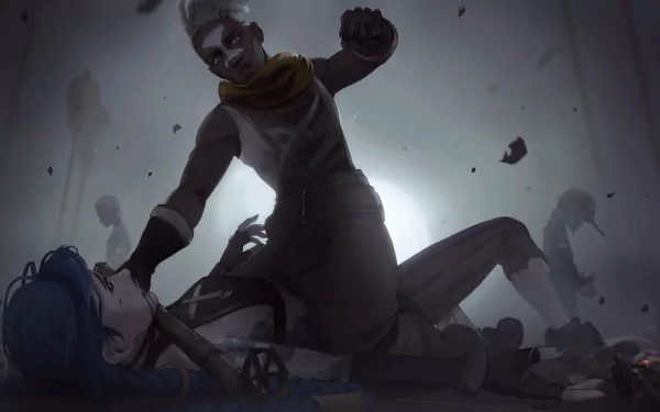 HD PC desktop wallpaper featuring Ekko and Jinx from the TV show Arcane, based on League of Legends, depicted in a dark, intense scene.