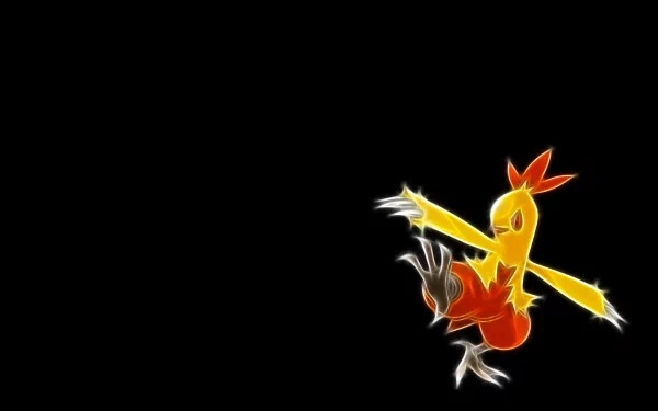 HD PC desktop wallpaper: anime-style Combusken, the fire Pokémon, glowing orange-red with ember sparks on a stark black background.