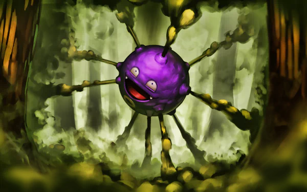 HD PC desktop wallpaper featuring Koffing from the Pokémon anime, depicted with multiple extended limbs in a vibrant forest setting.