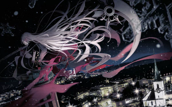 HD PC desktop wallpaper featuring Mori Calliope from Hololive as an anime-style virtual YouTuber against a starry night cityscape.