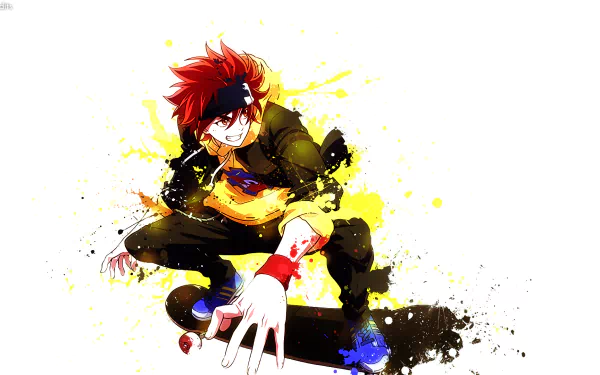 HD anime desktop wallpaper featuring Reki Kyan from SK8 the Infinity in dynamic pose with vibrant splashes of yellow, red, and black colors.