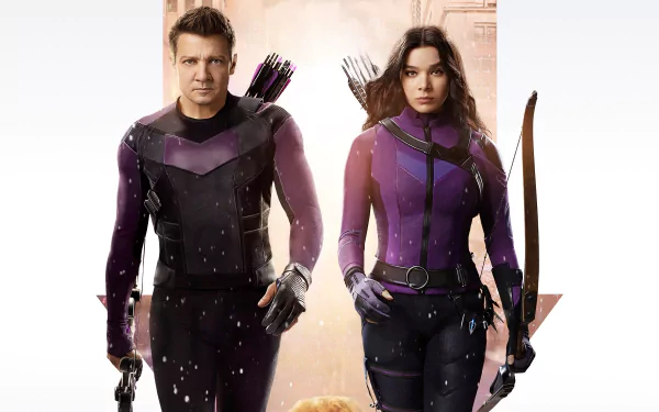 HD PC desktop wallpaper featuring Jeremy Renner and Hailee Steinfeld as Clint Barton and Kate Bishop from the TV show Hawkeye.