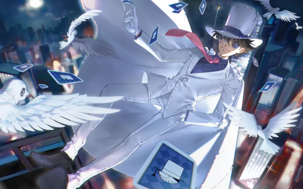 HD anime desktop wallpaper featuring Kaito Kuroba from Detective Conan, dressed in white with a top hat, surrounded by doves and floating cards over a cityscape at night.