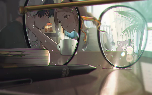 A 4K Ultra HD anime couple with glasses reflected on a window, captured in a cozy indoor setting, creating a vivid and intimate PC desktop wallpaper background.