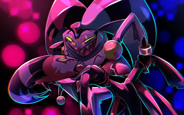 HD desktop wallpaper featuring Fizzarolli and Blitzo from the TV show Helluva Boss with vibrant neon lighting and dynamic poses.