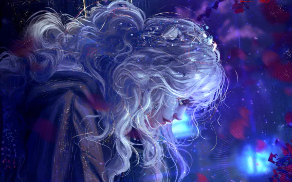 HD PC desktop wallpaper of Solus Zos Galvus from the video game Final Fantasy XIV, featuring a detailed profile with flowing white hair against a vibrant, cosmic background.
