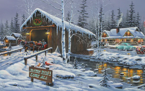 Artistic painting of a snowy winter scene with a horse-drawn sleigh, cozy cabins, and a frozen pond, rendered in 4K Ultra HD for PC desktop wallpaper and background.