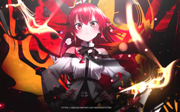HD anime desktop wallpaper featuring Eris Boreas Greyrat from Mushoku Tensei: Jobless Reincarnation, surrounded by fiery effects and intense red and orange hues.