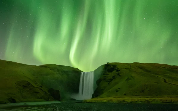 aurora borealis waterfall nature Skógafoss HD Desktop Wallpaper | Background Image