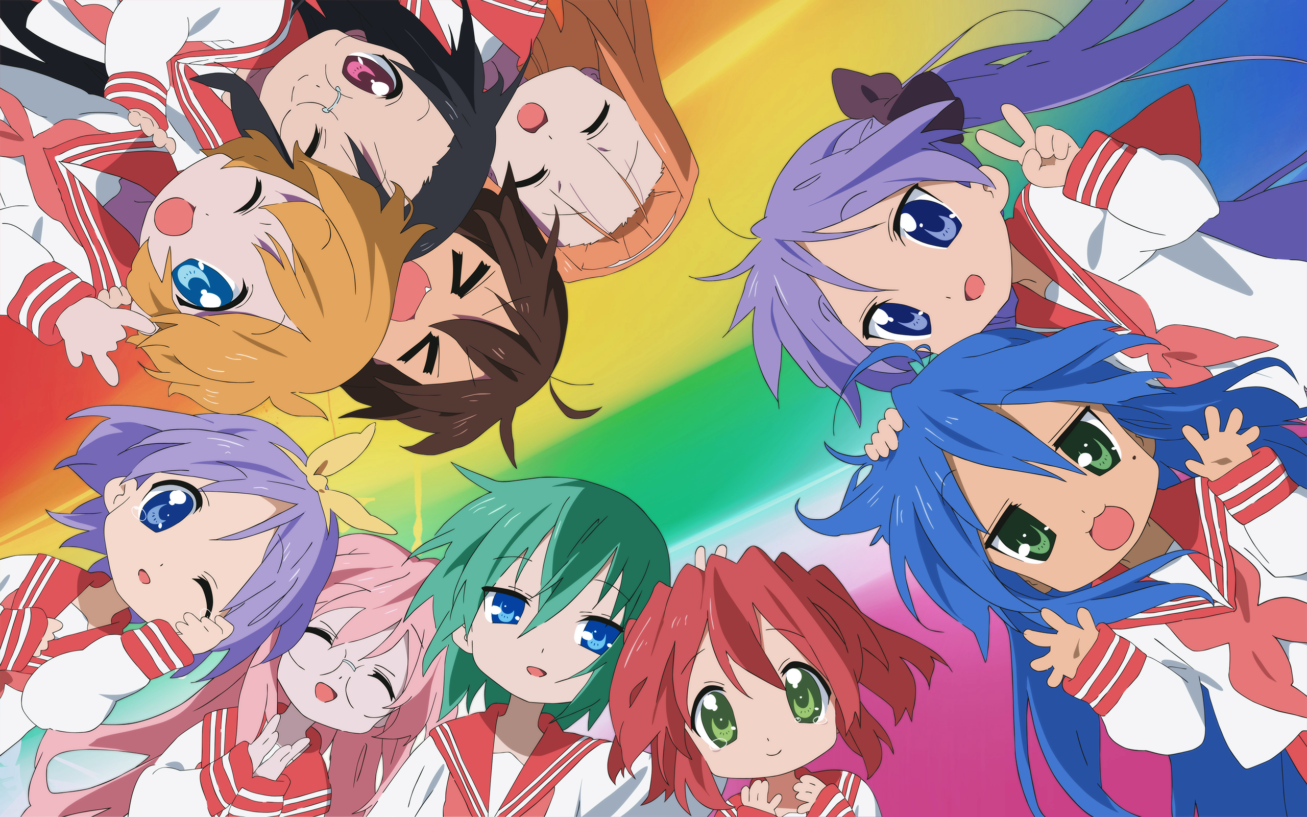 A vibrant anime wallpaper featuring the characters from Lucky Star, adorned with countless smiles of stars.