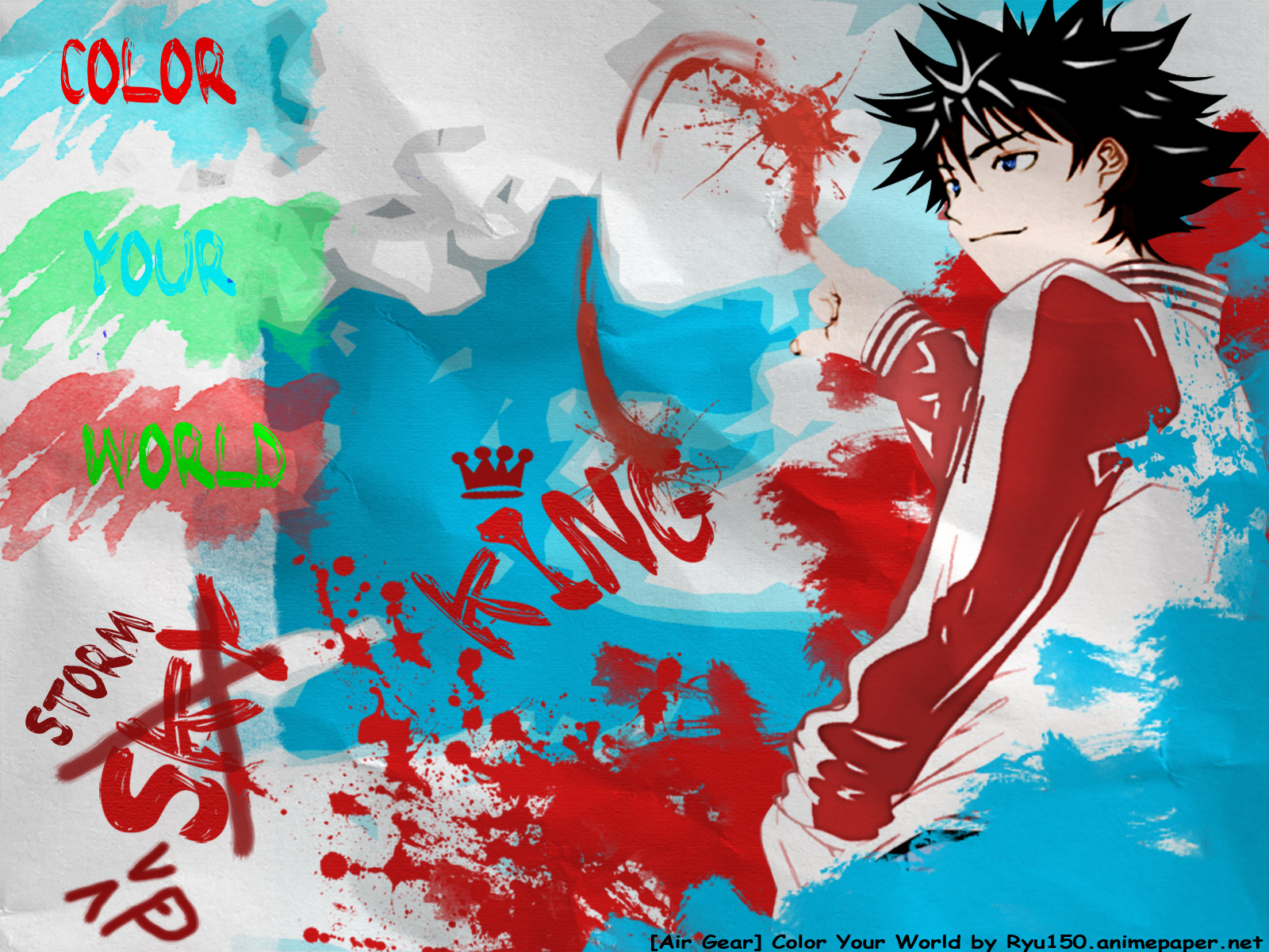 Air Gear anime-inspired desktop wallpaper. Vibrant illustration of characters performing high-flying stunts.