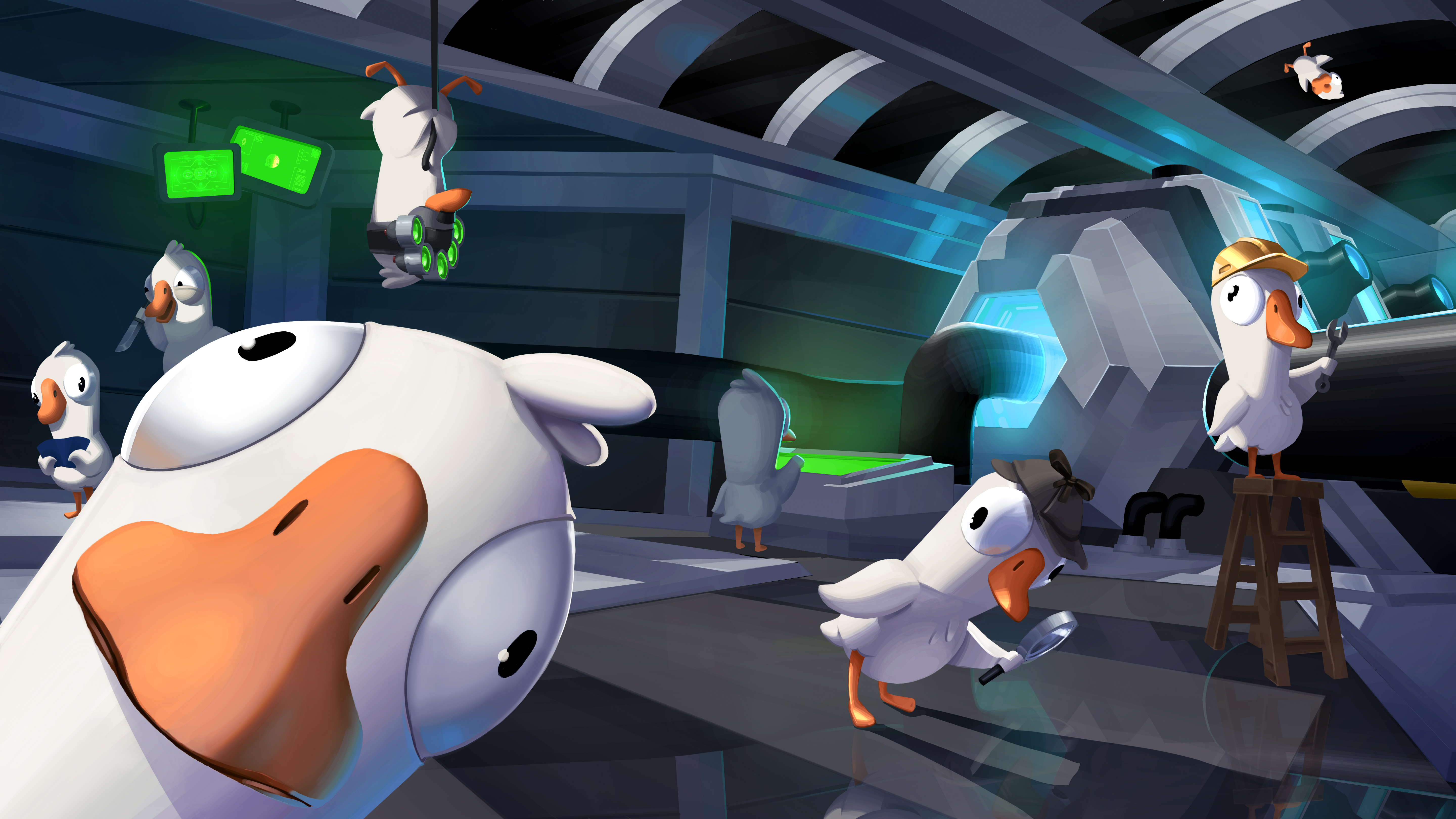 HD desktop wallpaper featuring characters from the game Goose Goose Duck in a dynamic spaceship setting.