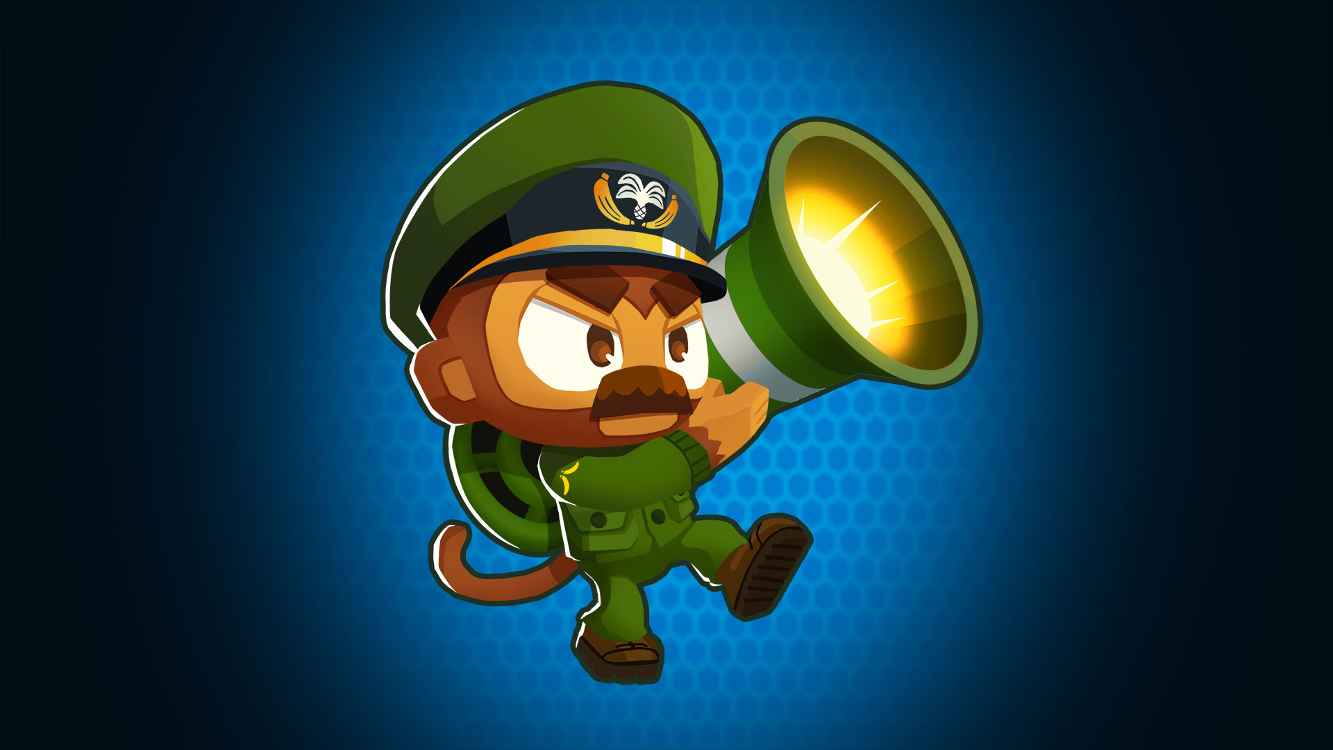 Bloons TD 6 character illustration wallpaper featuring a monkey in military attire with a large cannon, against a blue dotted background.”