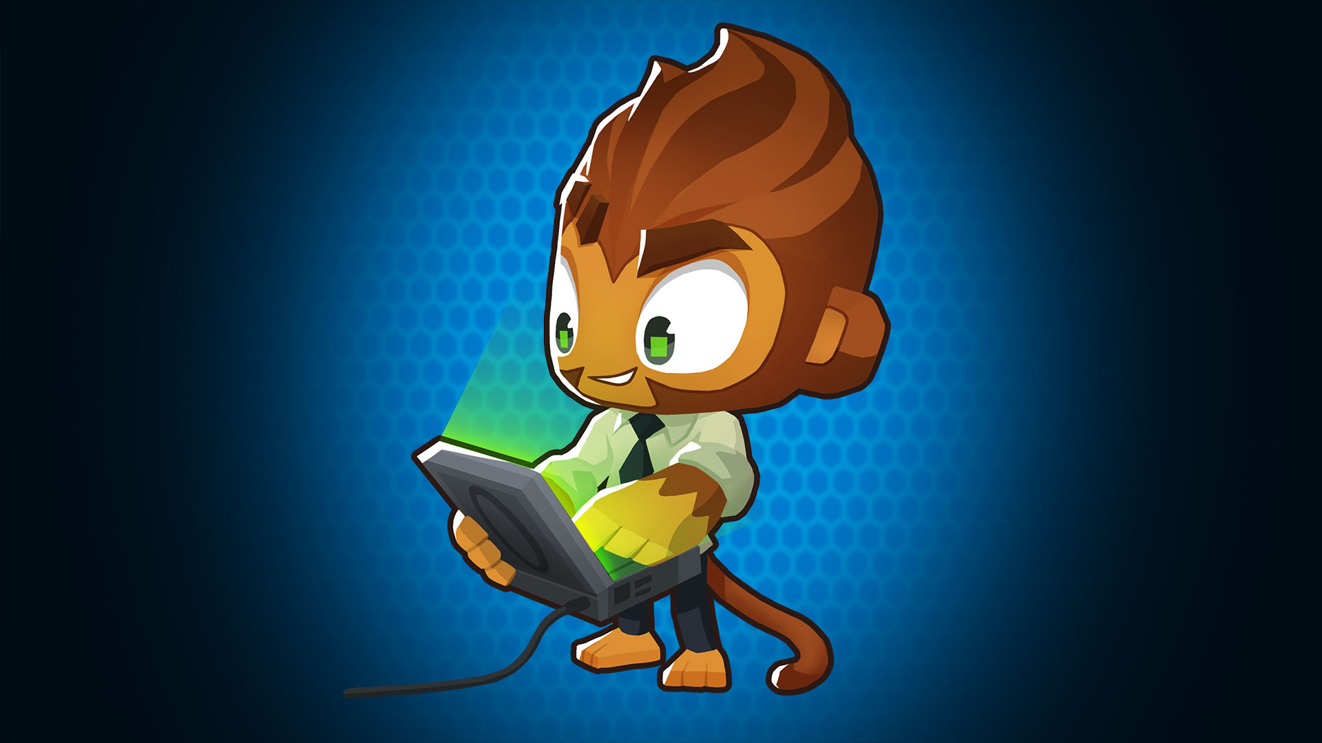 Bloons TD 6 HD wallpaper featuring a cartoon monkey strategist engrossed in a digital tablet against a blue background.