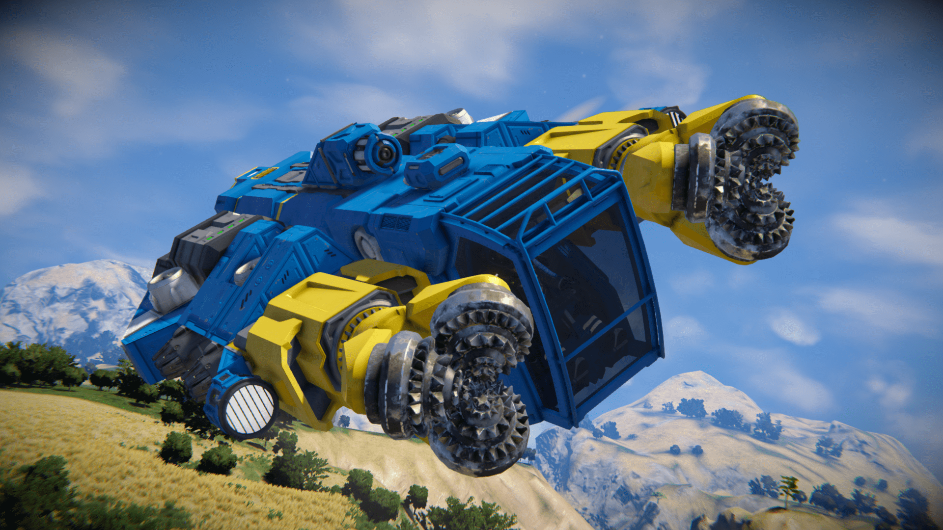 HD wallpaper of a blue and yellow space rover concept from Space Engineers video game, set against a mountainous landscape background ideal for desktops.