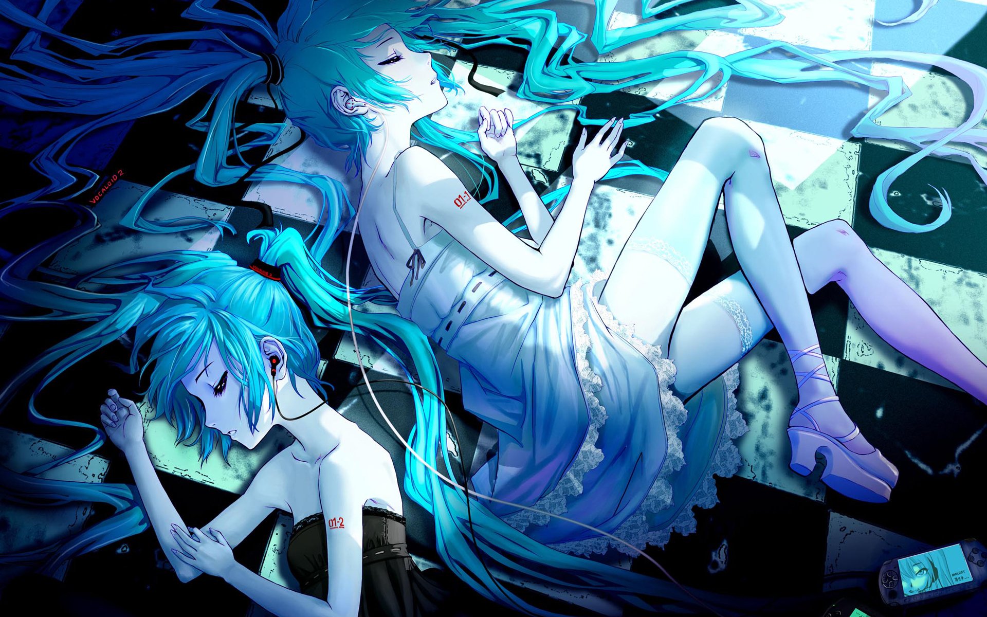 HD anime desktop wallpaper featuring Hatsune Miku from Vocaloid, depicted in a serene pose with flowing teal hair and vibrant blue tones.