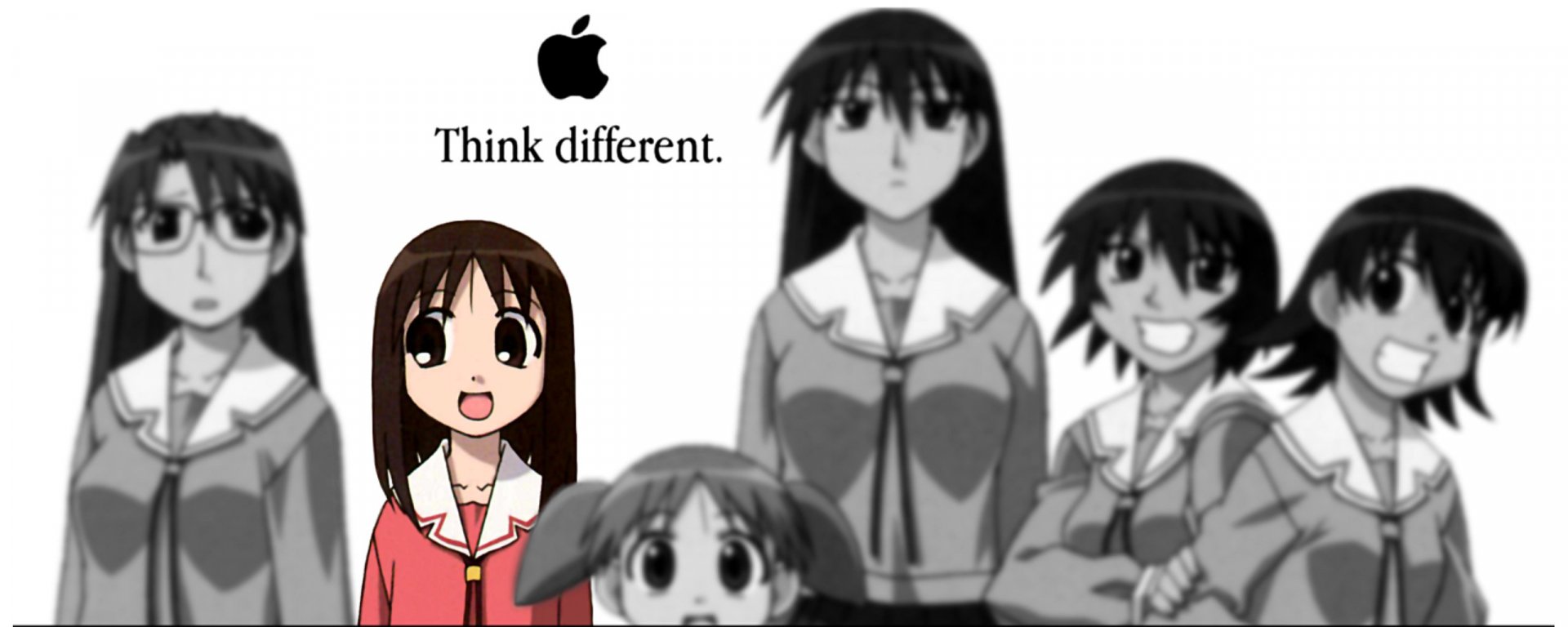Anime Azumanga Daioh HD PC desktop wallpaper/background: colored schoolgirl in foreground with grayscale classmates behind, Apple logo and Think different. slogan.