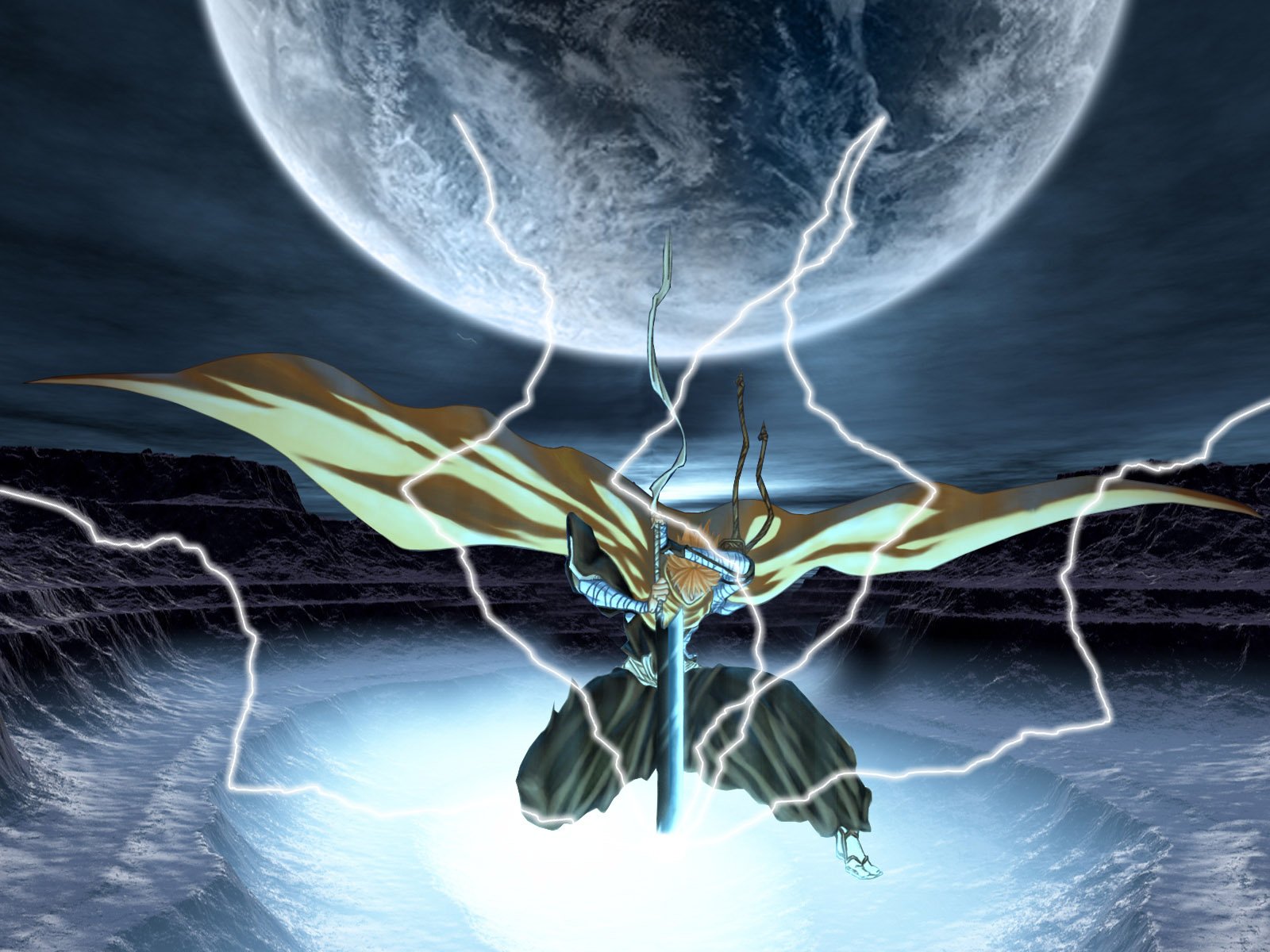 HD desktop wallpaper featuring Ichigo Kurosaki from the anime Bleach, depicted with a dramatic backdrop of a large moon and striking lightning in a dark, atmospheric setting.
