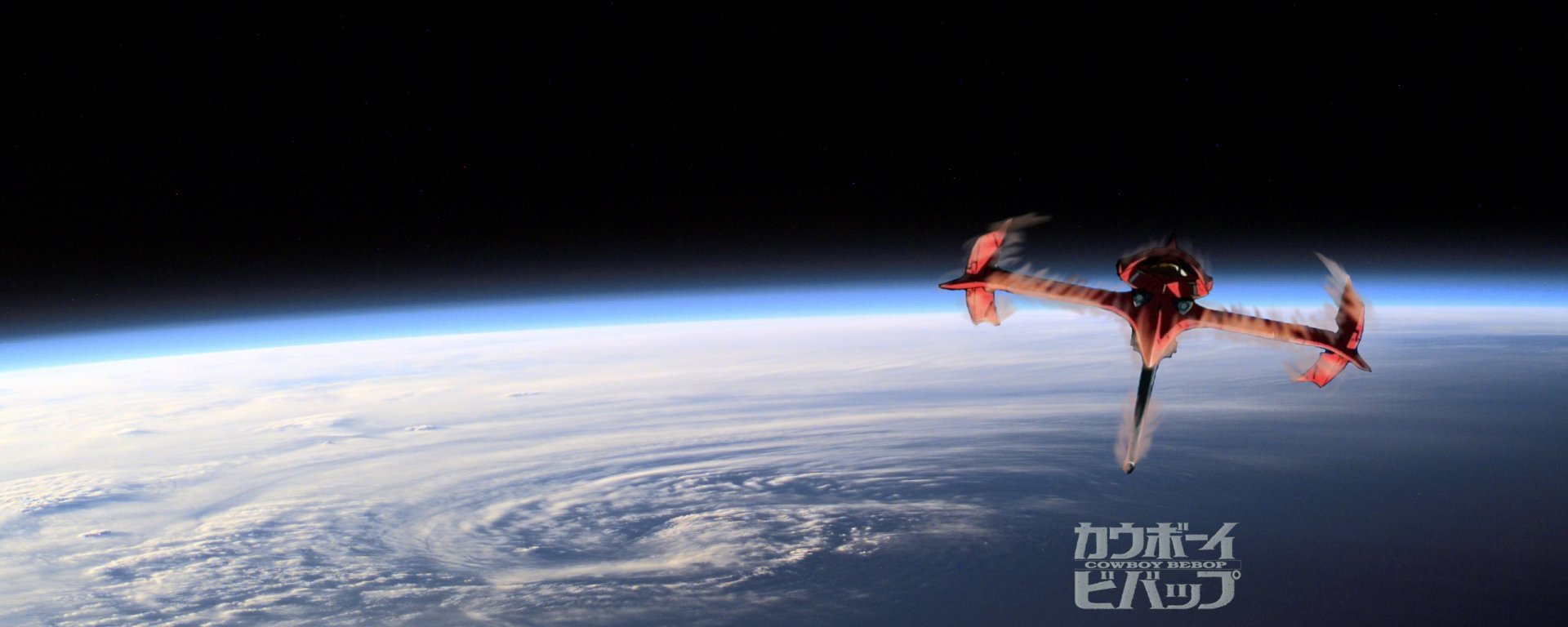 HD PC desktop wallpaper featuring the spaceship Swordfish II from the anime Cowboy Bebop soaring above Earth’s atmosphere.