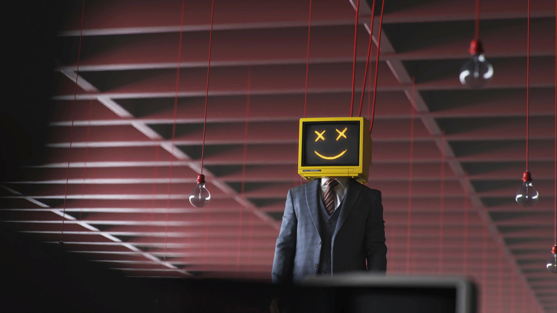 Abstract HD desktop wallpaper featuring a person with a computer icon head in a modern office environment with red lighting accents.