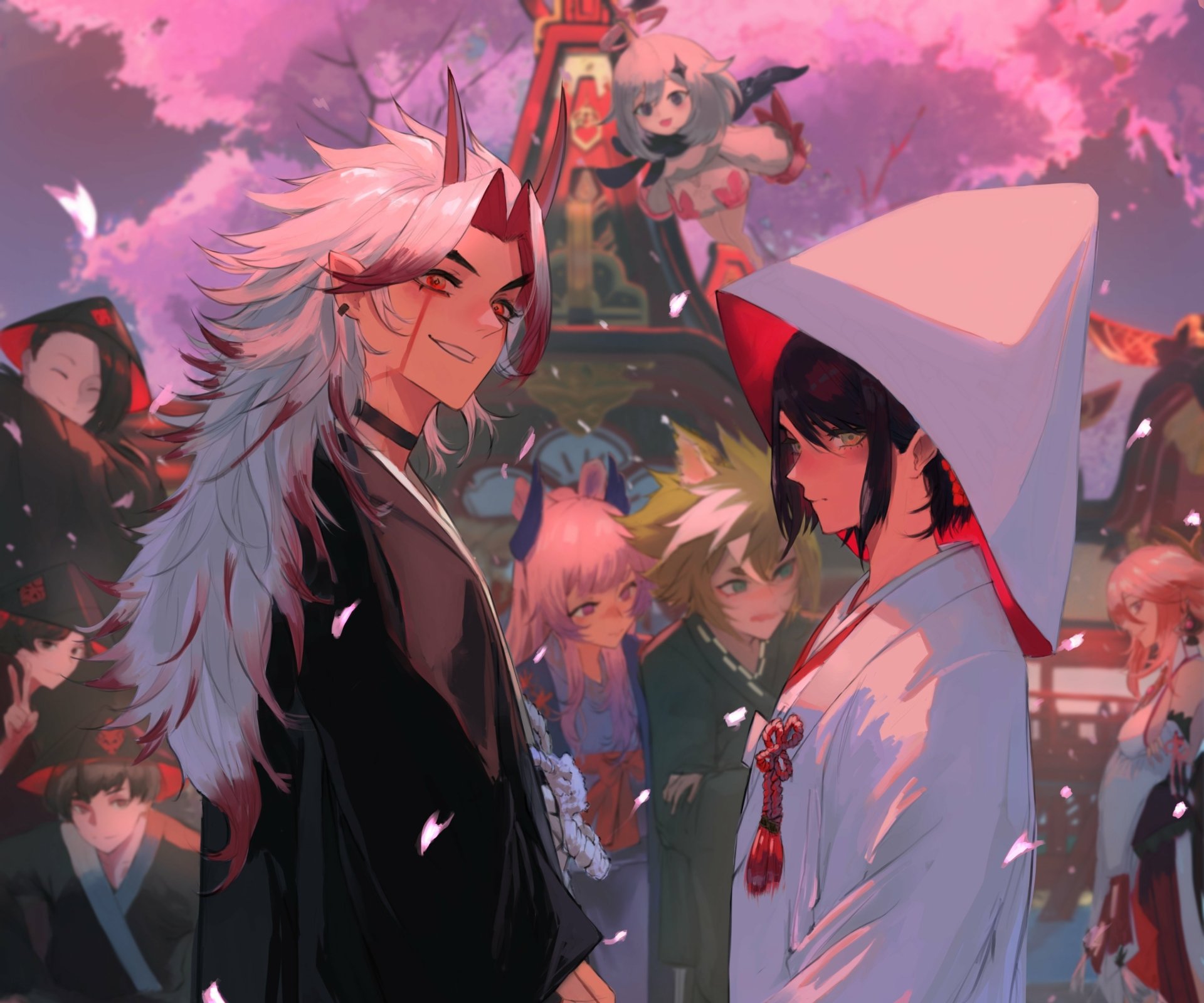 4K Ultra HD PC wallpaper of Genshin Impact characters Yae Miko, Sangonomiya Kokomi, Kujou Sara, Gorou and Arataki Itto amid falling cherry blossoms at a vibrant festival scene.