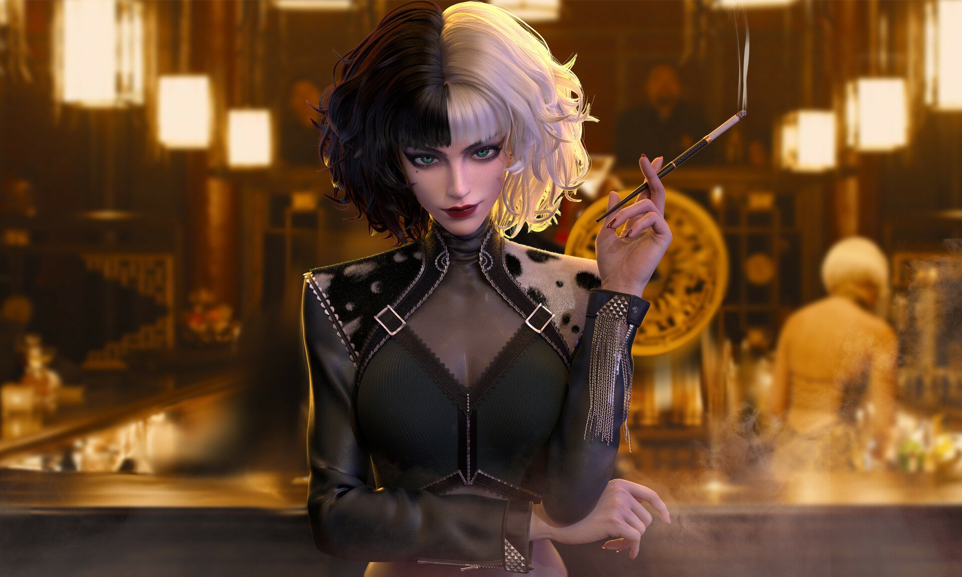 Movie Cruella HD PC desktop wallpaper and background — Cruella in black leather with split black-and-white hair, cigarette holder, leaning at a smoky, golden-lit bar.