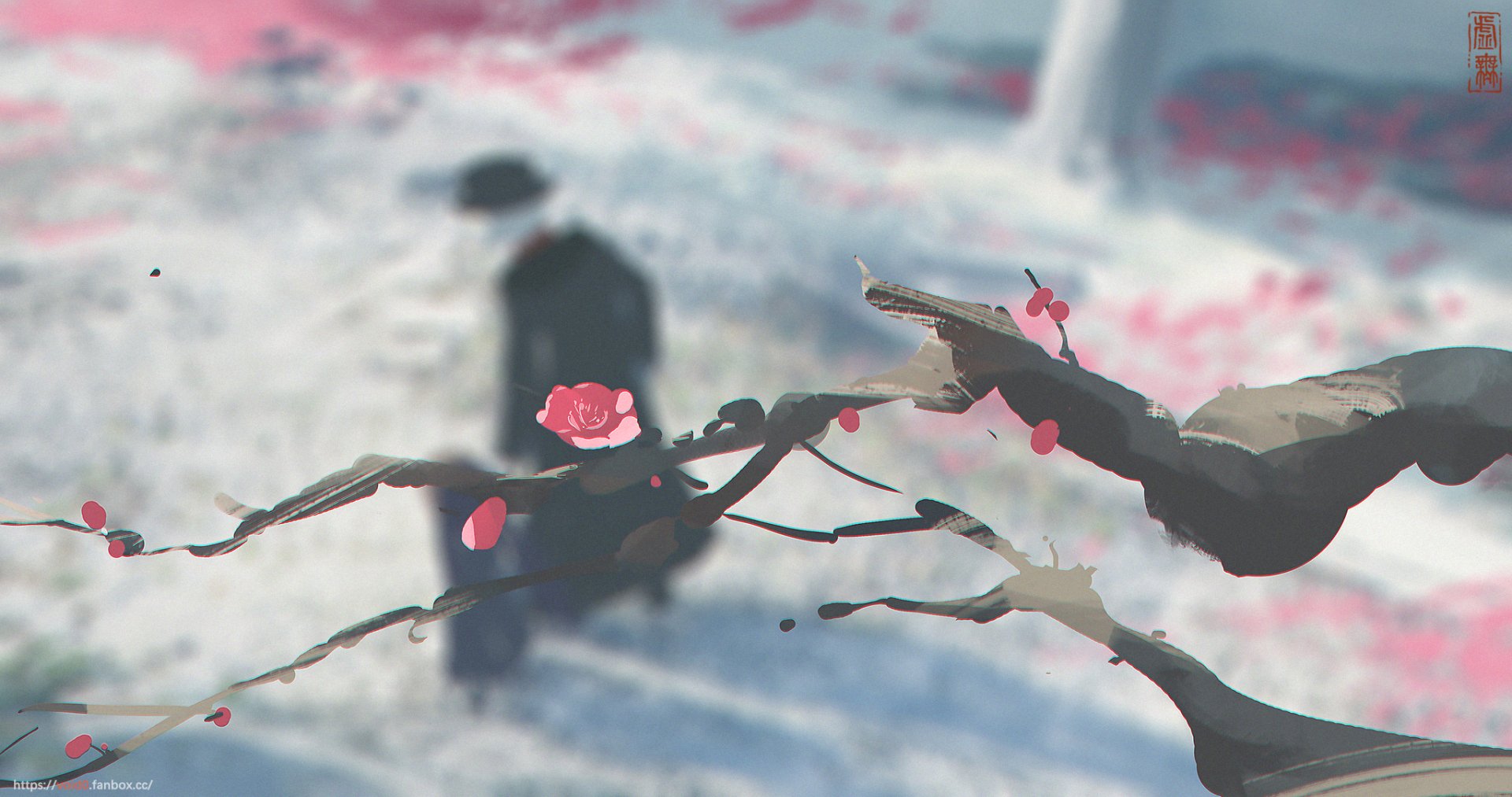 HD PC desktop wallpaper featuring Hu Tao from the video game Genshin Impact, with a blurred background of snow and pink flower petals on tree branches.