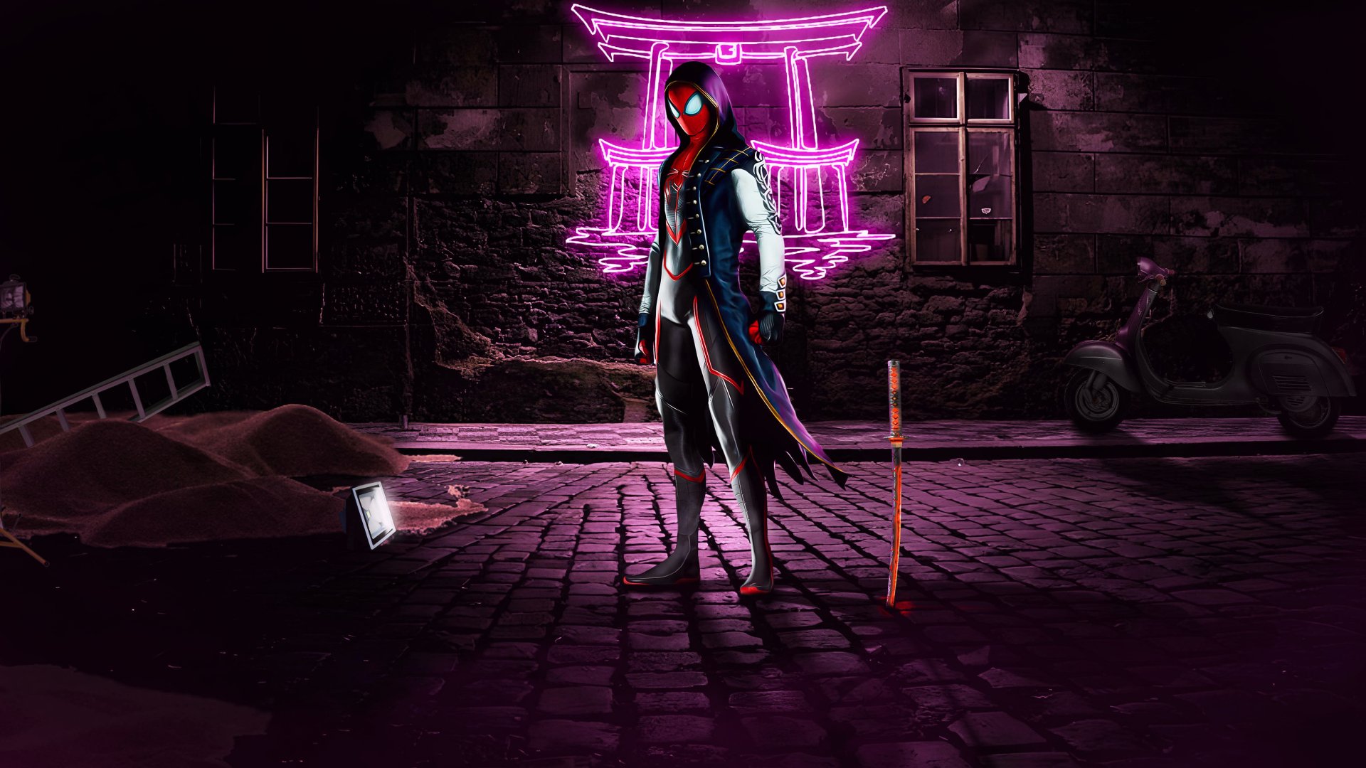 Marvel Comics comic Spider-Man 2K Quad HD PC desktop wallpaper: hooded, neon-lit Spider-Man standing in a dark alley before a glowing torii, scooter and staff nearby.