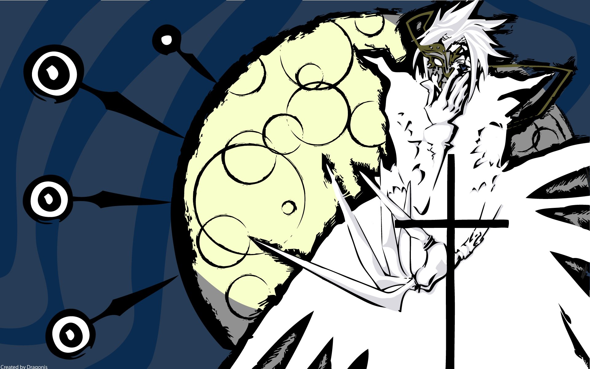 HD anime desktop wallpaper featuring Allen Walker from D.Gray-man in a dynamic pose against a large moon with abstract circular patterns on a dark blue background.