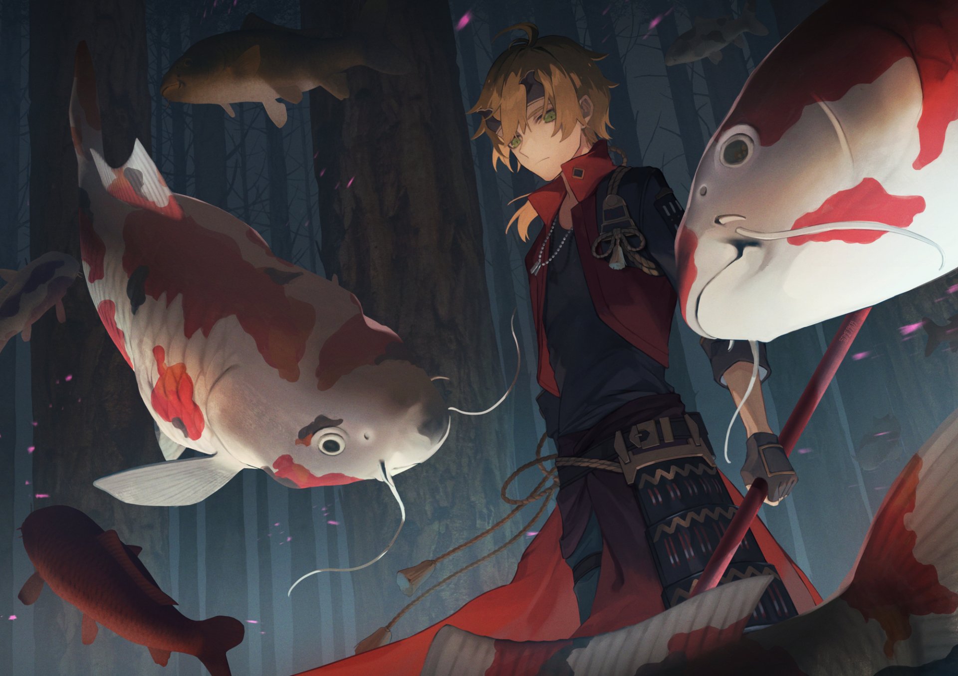 HD PC desktop wallpaper of Thoma from the video game Genshin Impact, standing in rain as giant koi fish swirl around him, dramatic lighting and red-black attire.