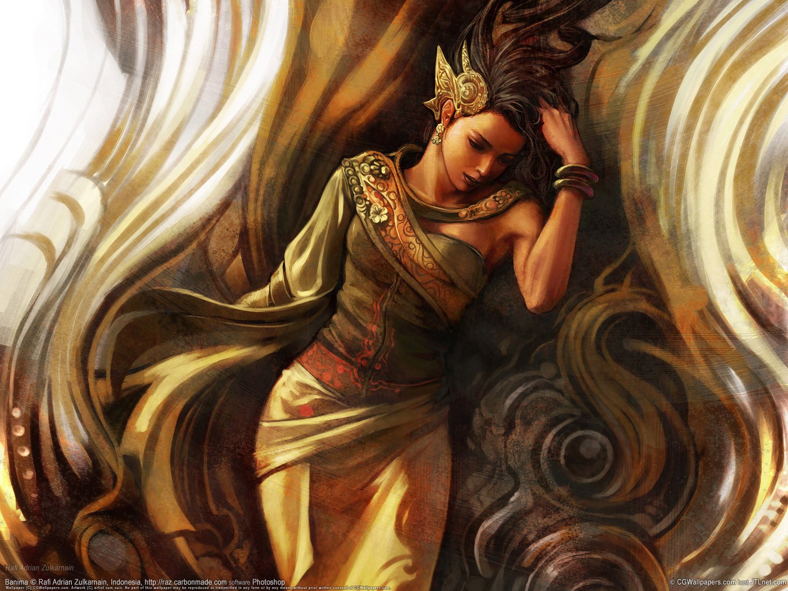 A stunning fantasy-themed image featuring a woman in an ornate outfit, set against a swirling, mystical background. This HD artwork serves as an intriguing desktop wallpaper.
