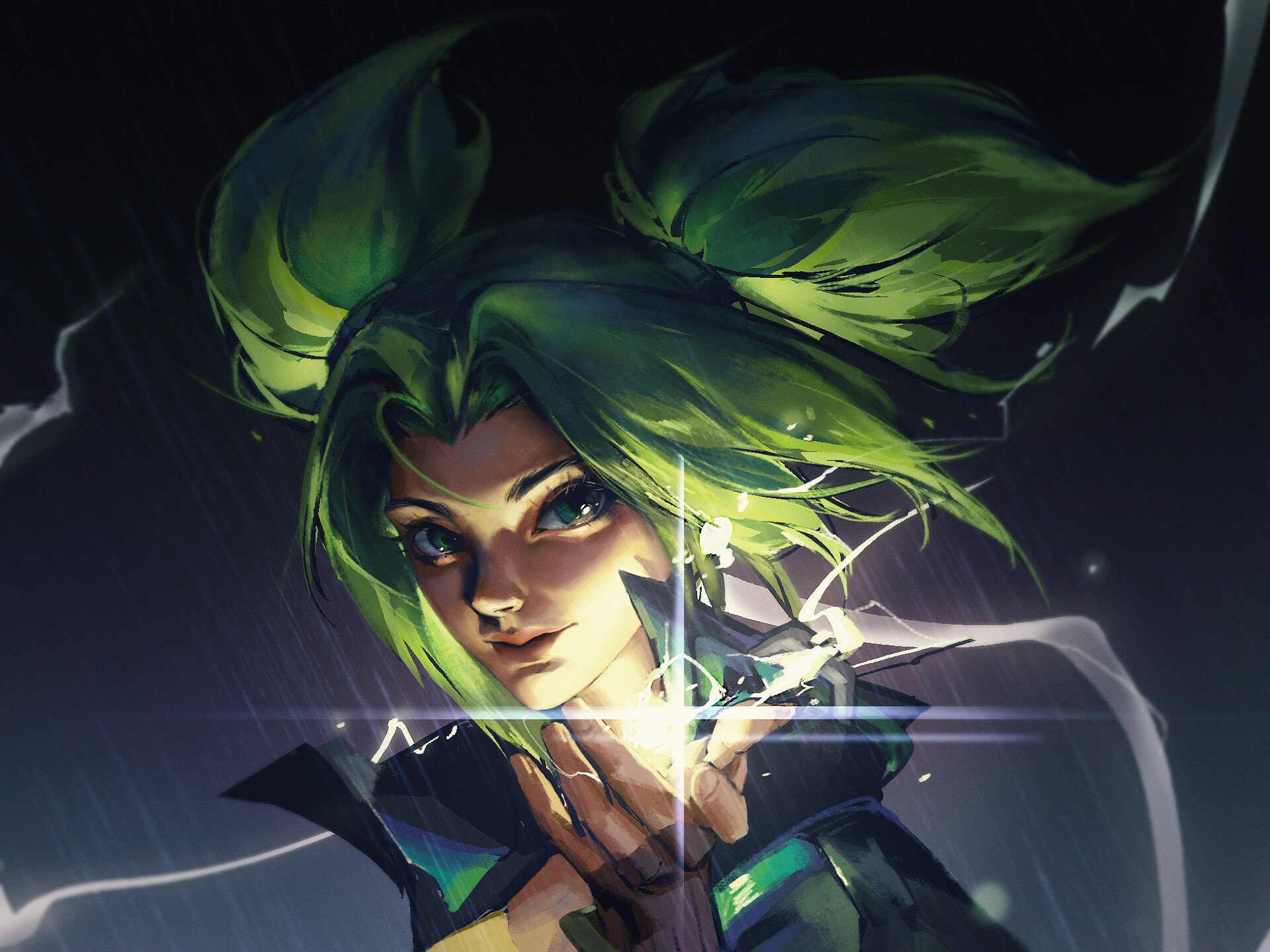 Zeri (League of Legends) portrait—green-haired champion channeling neon electricity in a dynamic close-up. HD PC desktop wallpaper/background from the League of Legends video game.