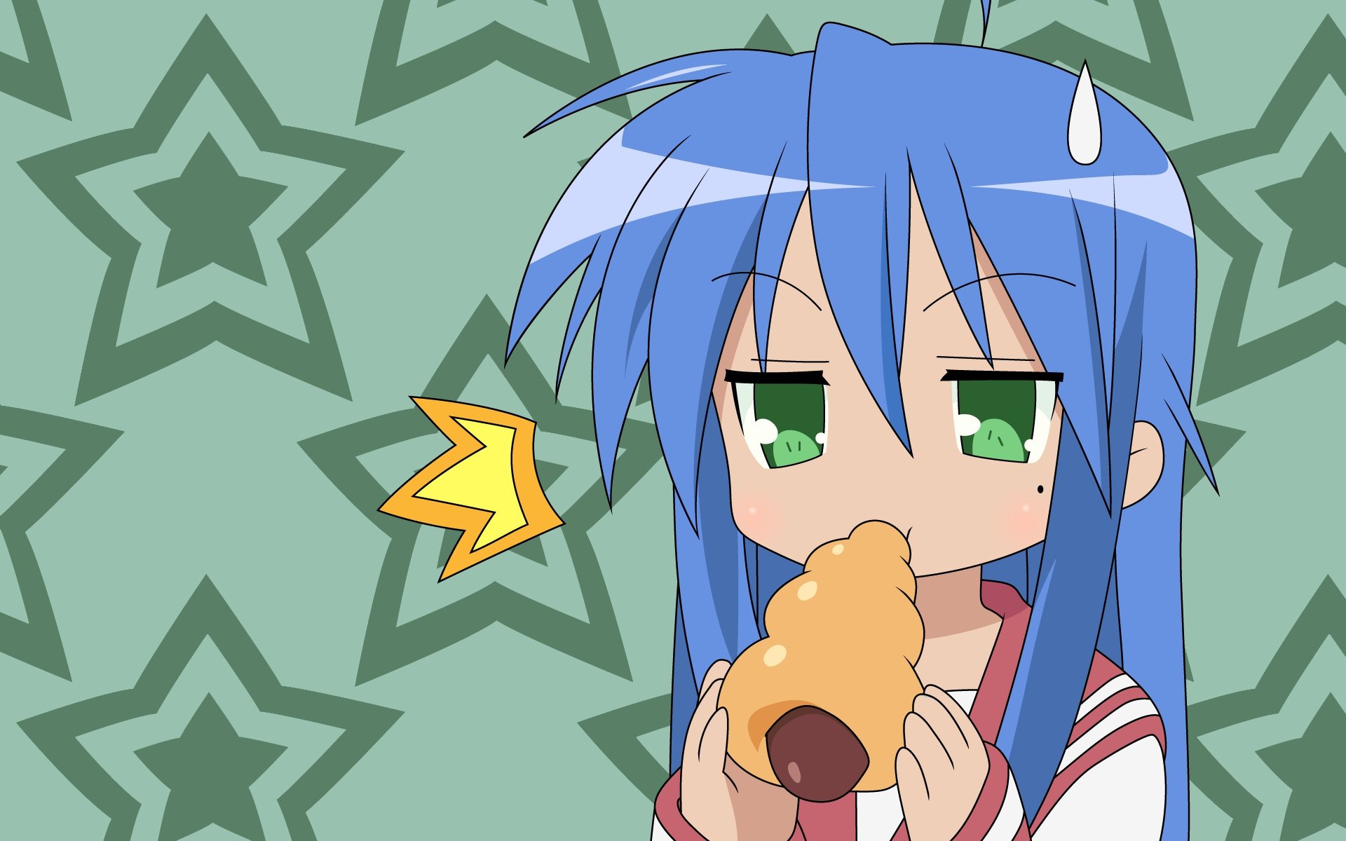 HD anime desktop wallpaper featuring a Lucky Star character with blue hair and green eyes, holding a bread roll against a star-patterned background.