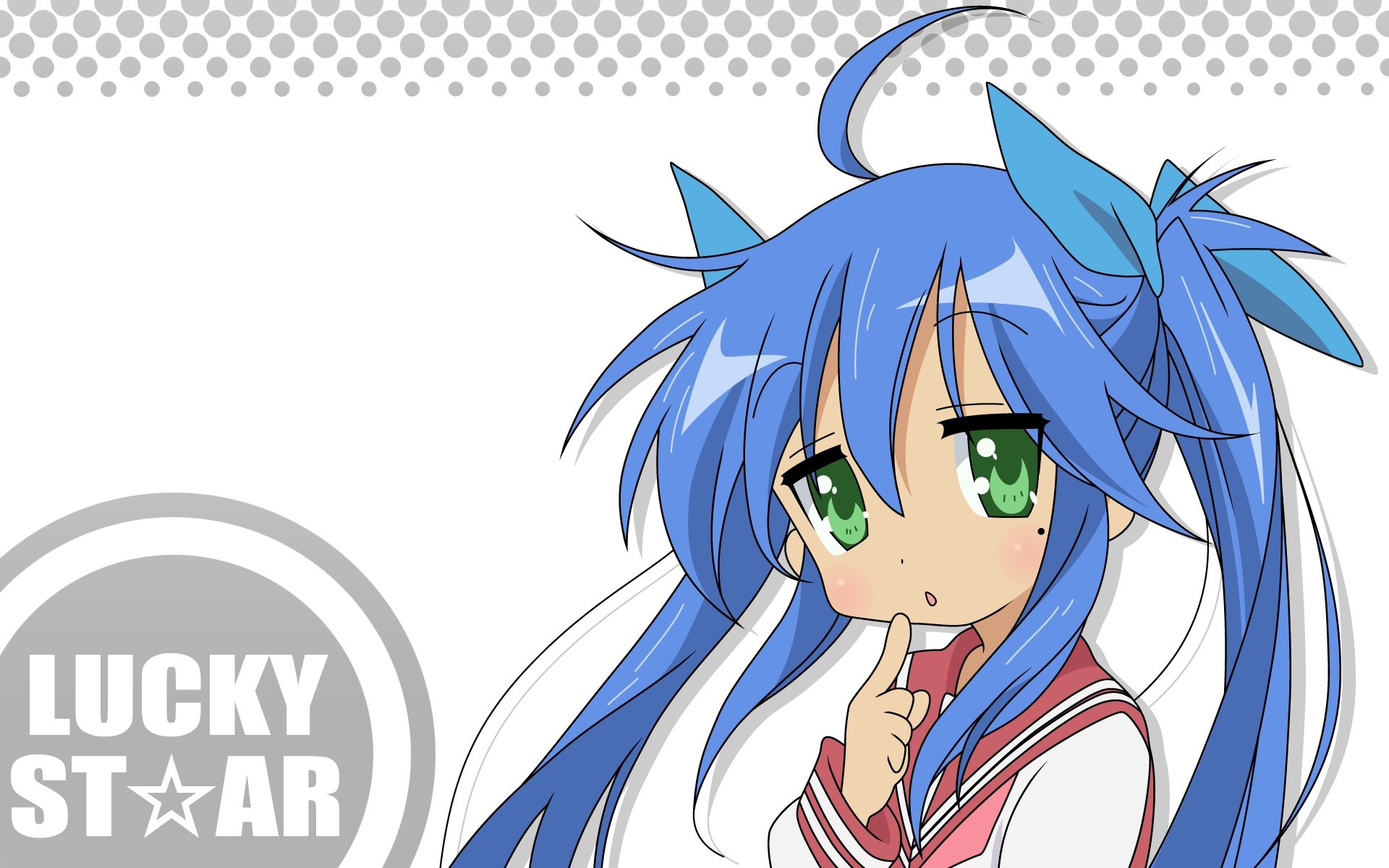 HD anime desktop wallpaper featuring a character from Lucky Star with blue hair and green eyes against a white background with the Lucky Star logo.
